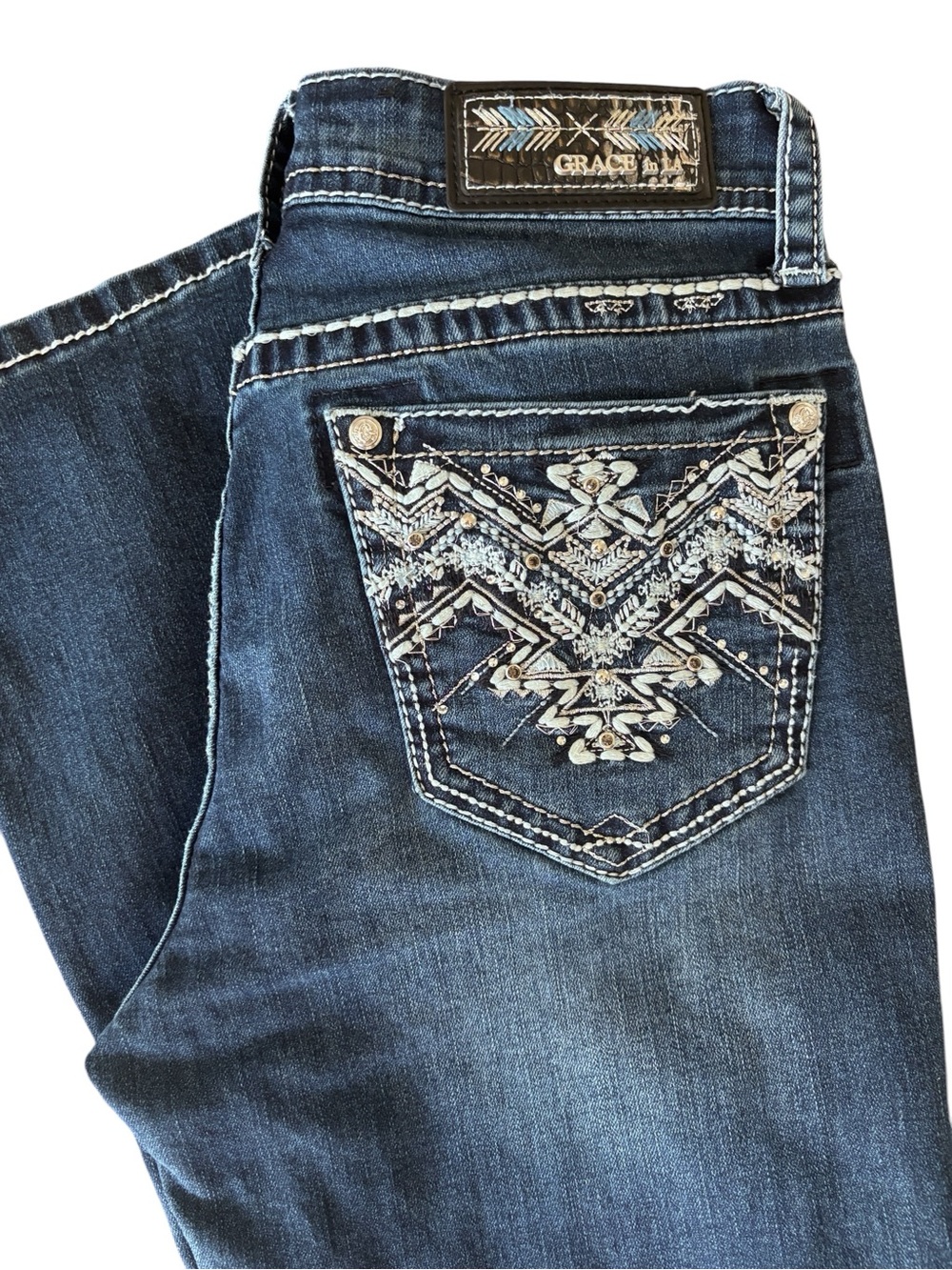 Grace in LA Easy Fit Straight Leg Embroidered Pocket Jeans